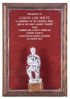 1975 Lou Holtz "A CHAMPION ON THE FOOTBALL FIELD AND IN THE FIGHT AGAINST CANCER" Plaque Presented By The Cumberland County American Cancer Society (Holtz LOA)